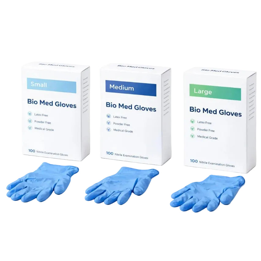 Three boxes of Bio Med Gloves in small, medium, and large sizes with corresponding gloves displayed.