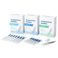 Three boxes of acupuncture needles with needles and tools on a white background