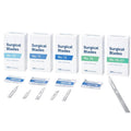 Collection of surgical blade packages with blades displayed on a white background